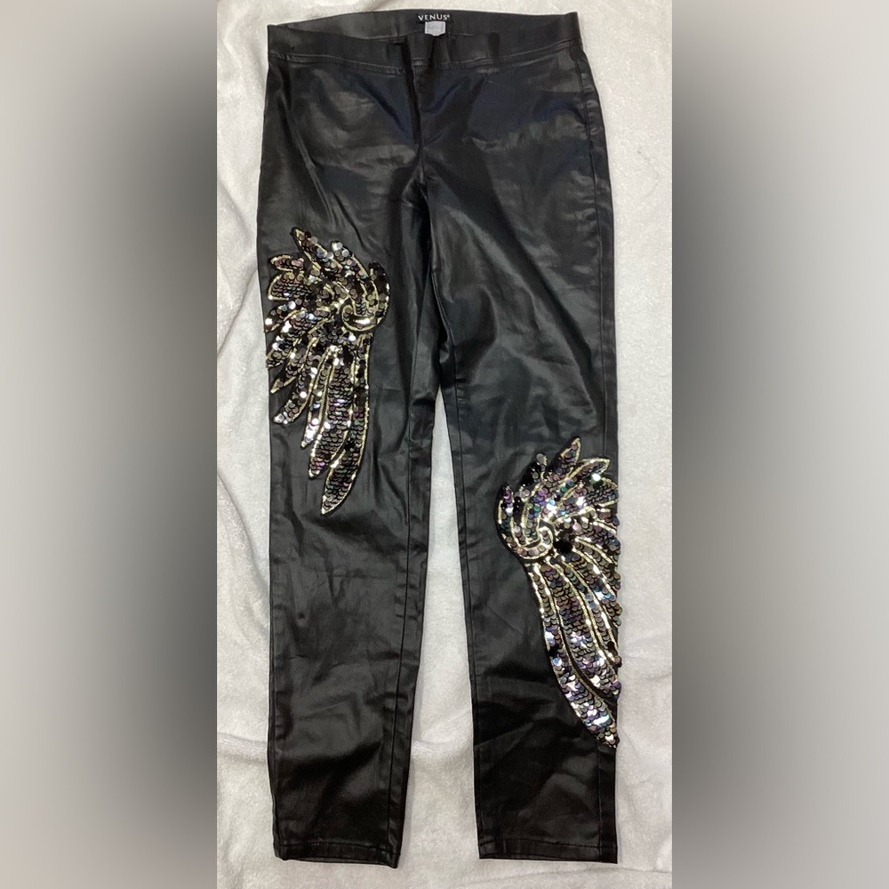 Black Embellished Leather Pants